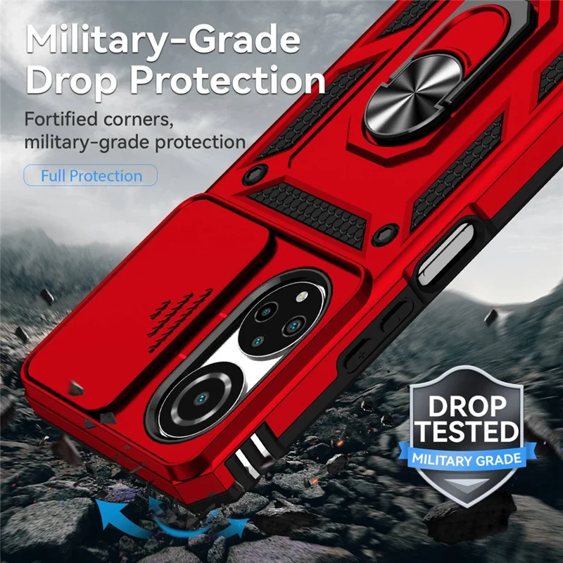 Чехол для телефона For Honor X7 4G с жёстким ПК + мягким ТПУ, с металлическим кольцевым держателем-подставкой и выдвижной защитой камеры - Красный
