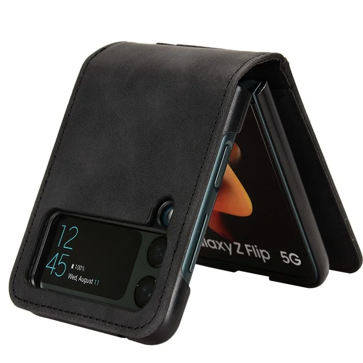 Para Samsung Galaxy Z Flip3 5G Design Separável Carteira Capa de Telefone Pele-toque Couro PU Revestido PC Titular de Cartão Capa - Preto