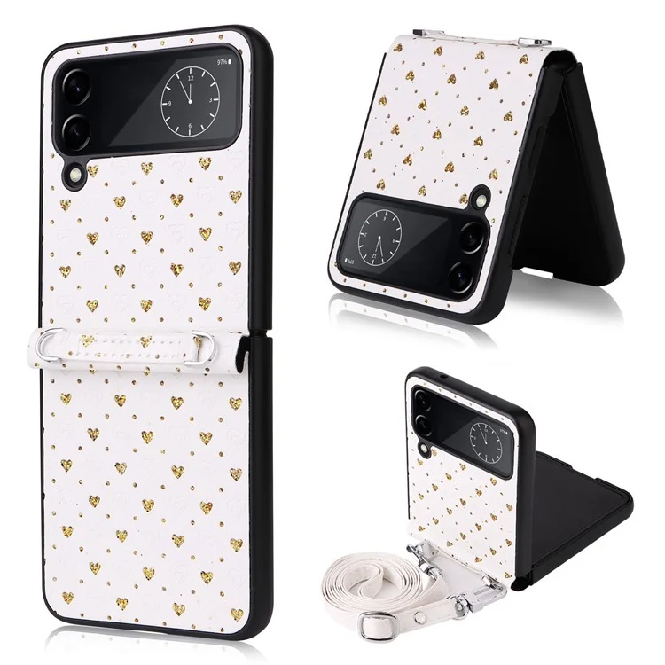 Per Samsung Galaxy Z Flip4 5G Anti-graffio Rivestimento in PU Pelle Custodia Telefonica PC a Pezzo Unico con Forme a Cuore Multipli - Oro