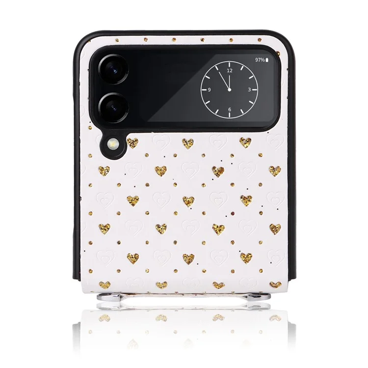 Per Samsung Galaxy Z Flip4 5G Anti-graffio Rivestimento in PU Pelle Custodia Telefonica PC a Pezzo Unico con Forme a Cuore Multipli - Oro