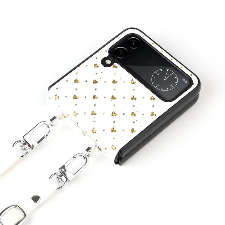 Per Samsung Galaxy Z Flip4 5G Anti-graffio Rivestimento in PU Pelle Custodia Telefonica PC a Pezzo Unico con Forme a Cuore Multipli - Oro