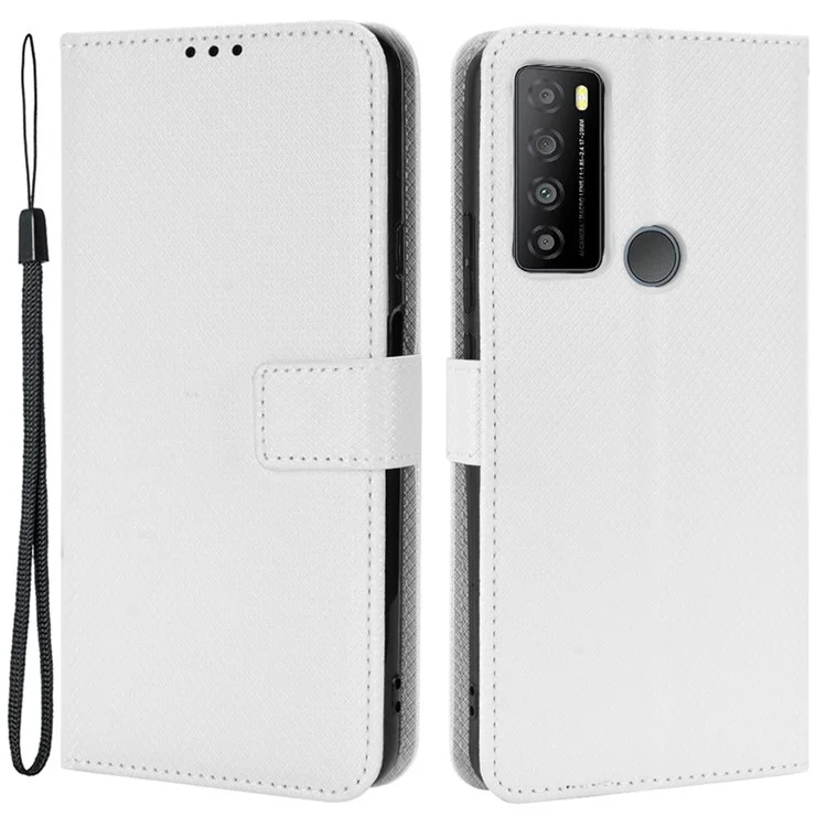 Pour TCL 30 XL Diamond Texture PU Leather Téléphone Anti-shock Anti-drop Stand Stand Wallet Protecteur Avec Sangle - Blanche