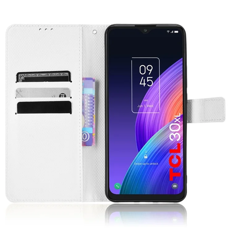 Pour TCL 30 XL Diamond Texture PU Leather Téléphone Anti-shock Anti-drop Stand Stand Wallet Protecteur Avec Sangle - Blanche