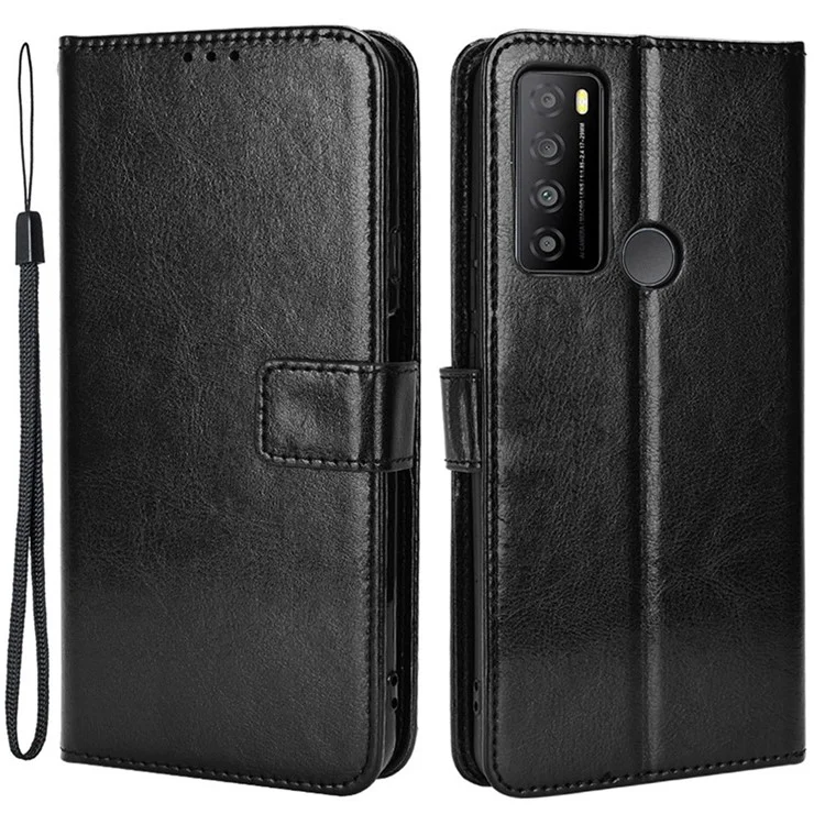 Para TCL 30 XL Anti-wear Crazy Horse Texture Phase Case Soport TPU+PU Cuero Característica de la Billetera Anti-gotas Con Correa - Negro