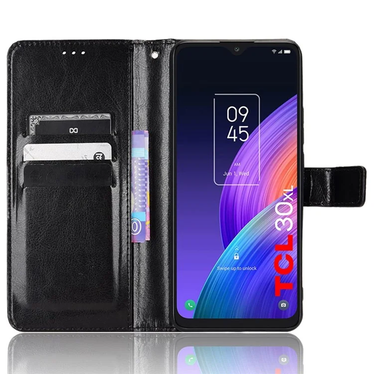 Para TCL 30 XL Anti-wear Crazy Horse Texture Phase Case Soport TPU+PU Cuero Característica de la Billetera Anti-gotas Con Correa - Negro