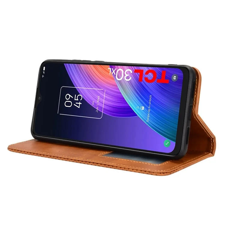Para TCL 30 XL Vintage PU Couro Resistente a Desgaste da Capa Anti-shock Stand Stand Flip Protector - Castanho