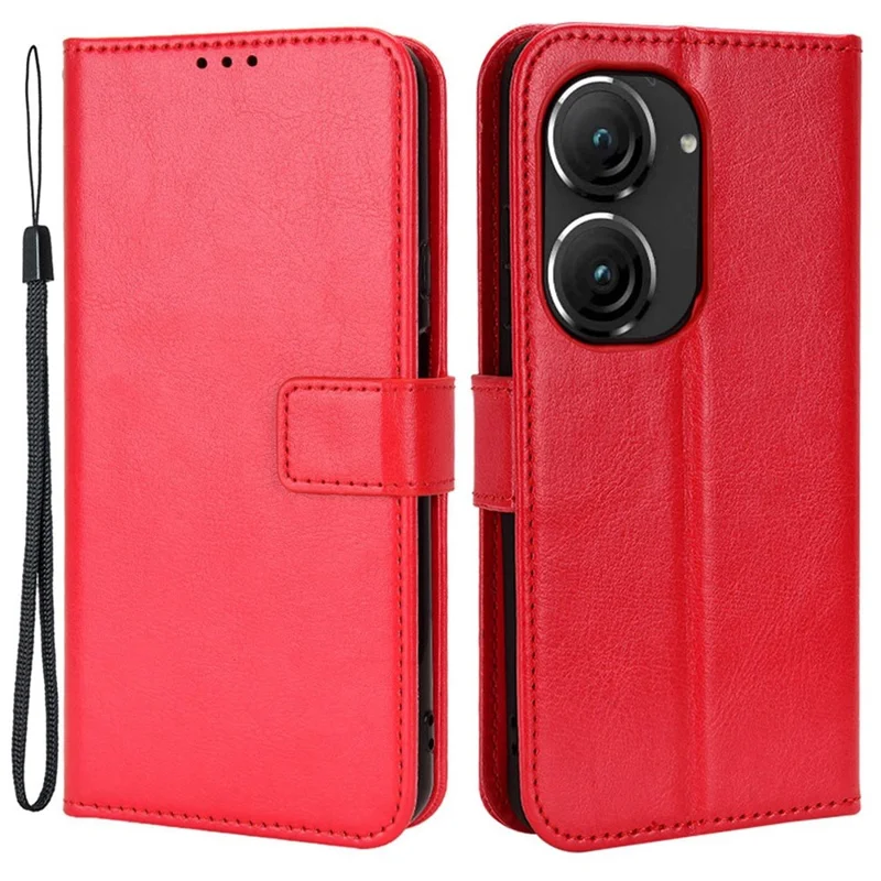Voor Asus Zenfone 10 5G / 9 5G Krasbestendig Crazy Horse Structuur Hoesje Stand TPU+PU Leren Portemonnee Beschermhoes met Bandje - Rood