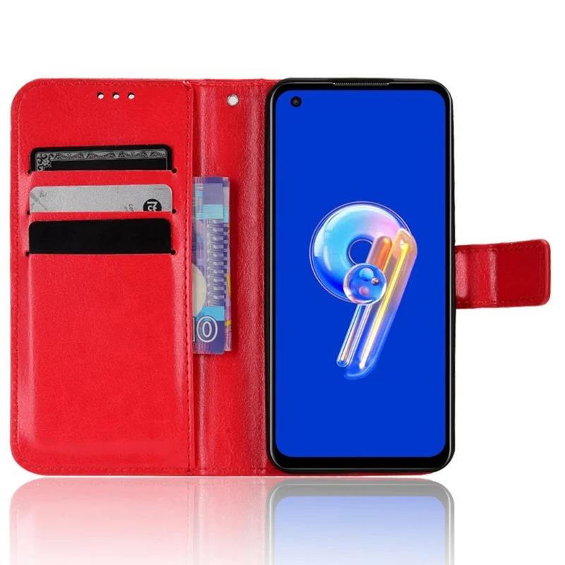 Voor Asus Zenfone 10 5G / 9 5G Krasbestendig Crazy Horse Structuur Hoesje Stand TPU+PU Leren Portemonnee Beschermhoes met Bandje - Rood