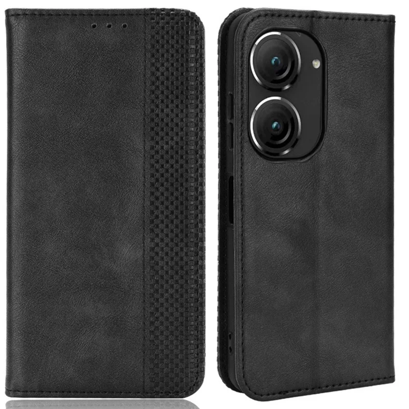 Voor Asus Zenfone 10 5G / 9 5G Vintage PU Leren Stootvaste Mobiele Telefoonhoes met Stand en Portemonnee - Zwart