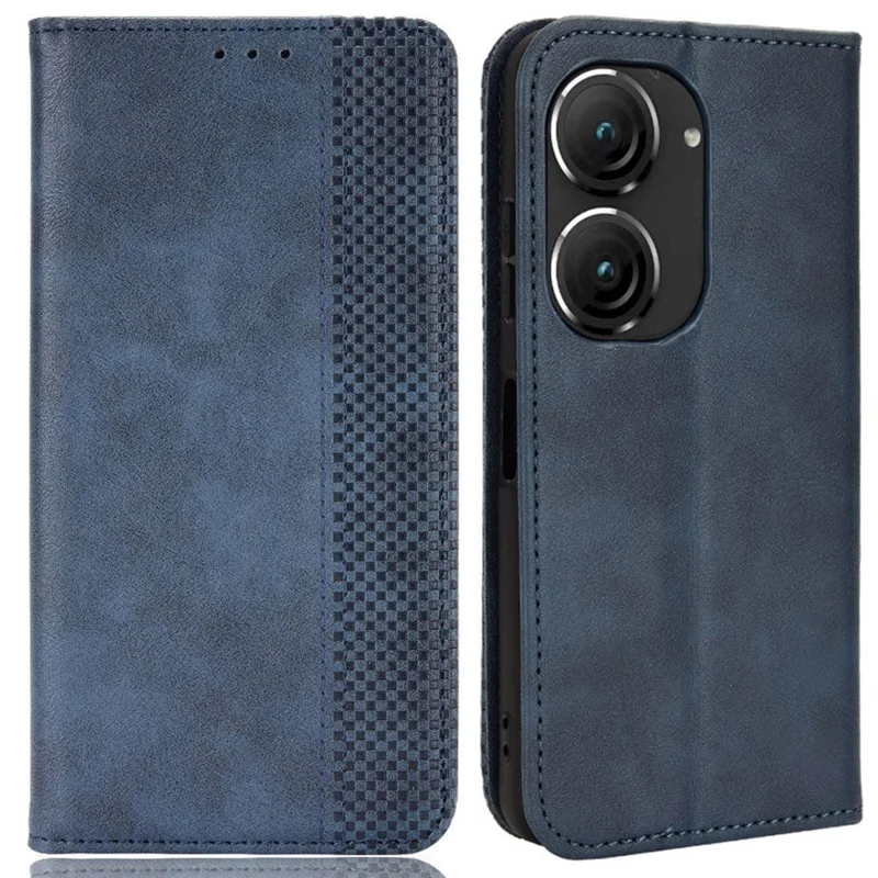 For Asus Zenfone 10 5G / 9 5G Vintage PU Leather Shockproof Mobile Phone Case Stand Auto Absorbed Shell with Wallet - Blue