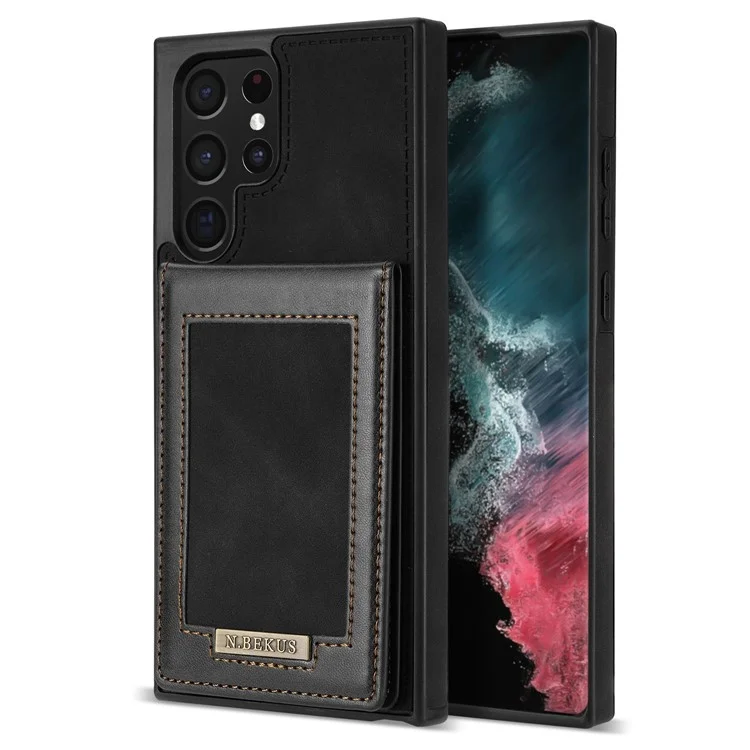 n. Bekus Für Samsung Galaxy S22 Ultra 5G Schocksicher Vertikaler Telefonkartenhalter Kickstand PU Leder+tpu RFID Blockierende Anti-wear-telefonabdeckung - Schwarz