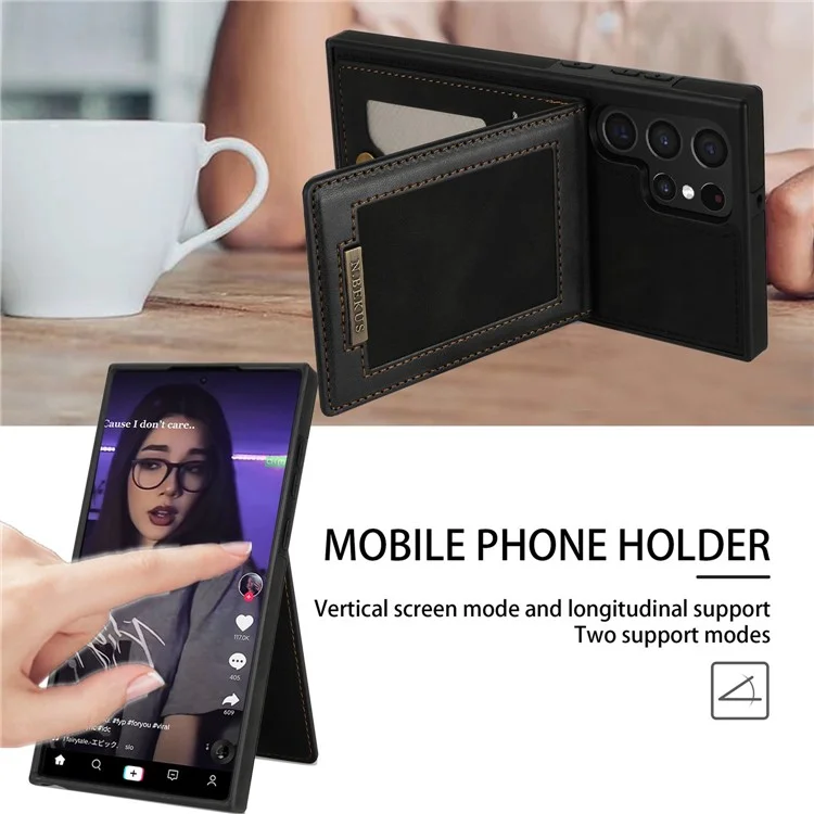 n. Bekus Für Samsung Galaxy S22 Ultra 5G Schocksicher Vertikaler Telefonkartenhalter Kickstand PU Leder+tpu RFID Blockierende Anti-wear-telefonabdeckung - Schwarz