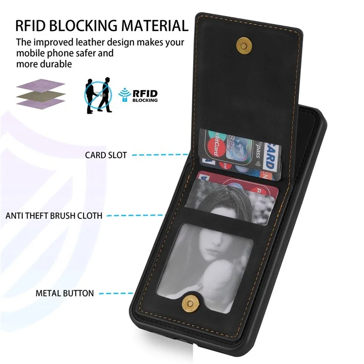 n. Bekus RFID Blocking Back Cover Kickstand Für Samsung Galaxy S21 fe 5G, Gut Geschützte Vertikale Telefonkoffer-kartenhalter PU Leder+tpu Telefonschale - Schwarz