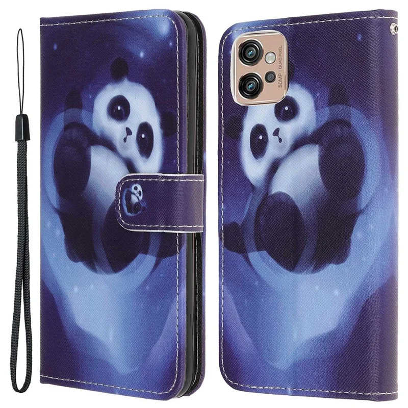 For Motorola Moto G32 4G Cross Texture Stand Wallet Phone Cover PU Leather 3D Pattern Printing Case with Strap - Panda
