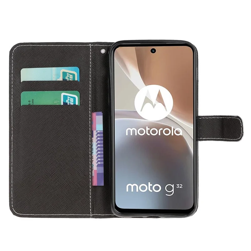 For Motorola Moto G32 4G Cross Texture Stand Wallet Phone Cover PU Leather 3D Pattern Printing Case with Strap - Panda
