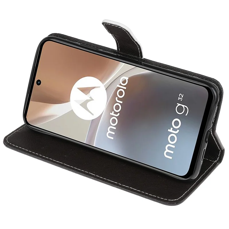 For Motorola Moto G32 4G Cross Texture Stand Wallet Phone Cover PU Leather 3D Pattern Printing Case with Strap - Panda