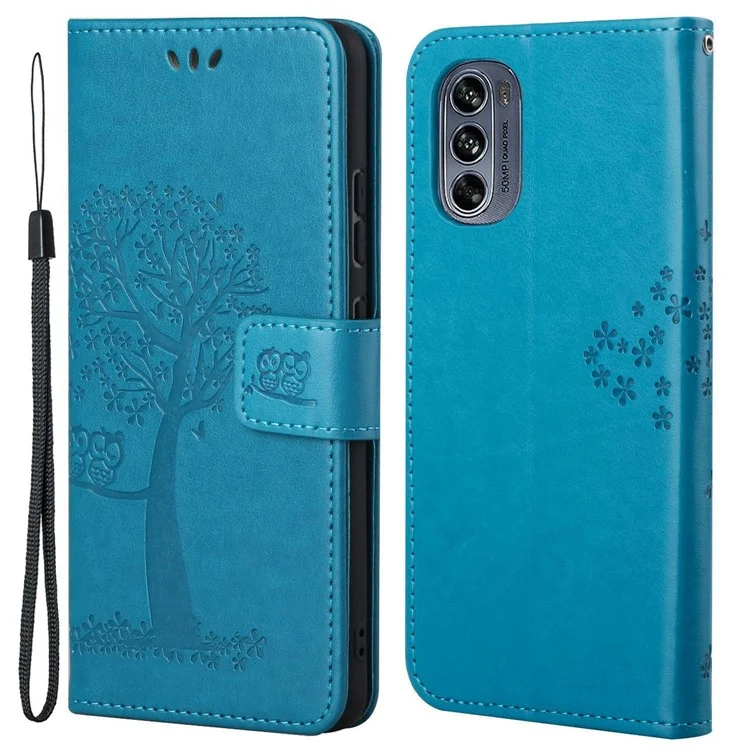 Für Motorola Moto G62 5G Owl Tree Pattern Imprinted Wallet Stand Case PU Leder Handyhülle mit Handgelenkriemen - Blau