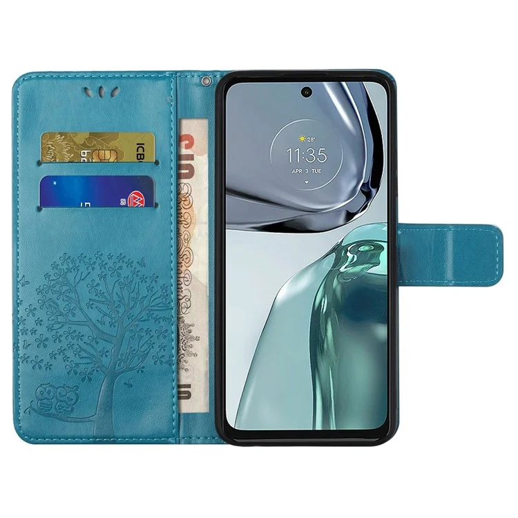 Für Motorola Moto G62 5G Owl Tree Pattern Imprinted Wallet Stand Case PU Leder Handyhülle mit Handgelenkriemen - Blau