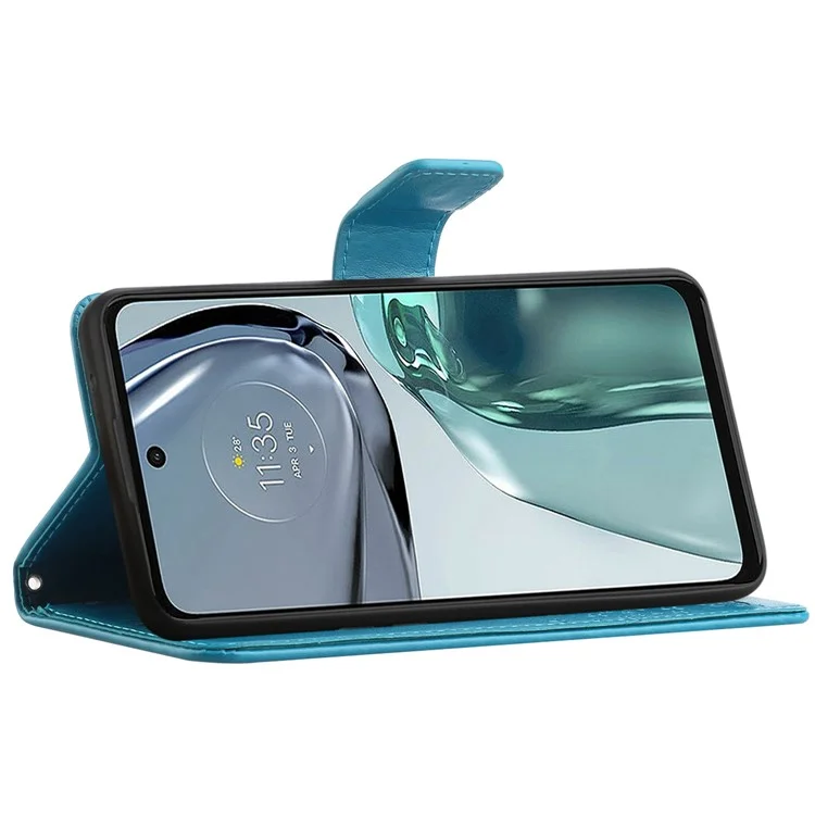 Für Motorola Moto G62 5G Owl Tree Pattern Imprinted Wallet Stand Case PU Leder Handyhülle mit Handgelenkriemen - Blau