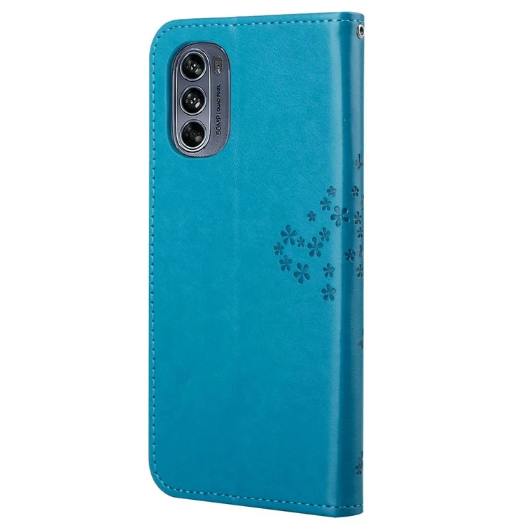 Für Motorola Moto G62 5G Owl Tree Pattern Imprinted Wallet Stand Case PU Leder Handyhülle mit Handgelenkriemen - Blau