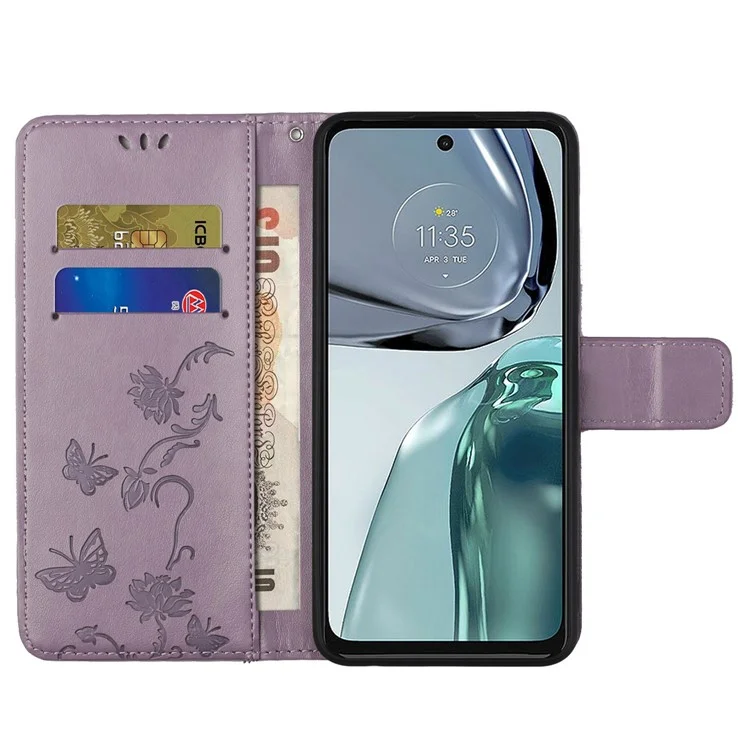 Für Motorola Moto G62 5G Butterfly Flower Imprinted Folio Flip Case PU Leder Ständer Geldbörse Handyhülle mit Handschlaufe - Lila