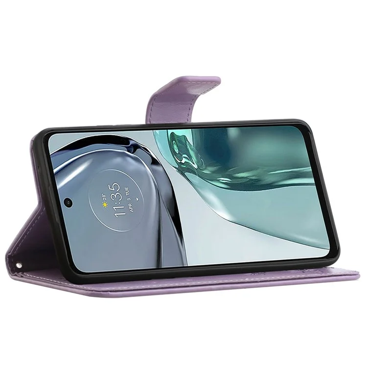 Für Motorola Moto G62 5G Butterfly Flower Imprinted Folio Flip Case PU Leder Ständer Geldbörse Handyhülle mit Handschlaufe - Lila