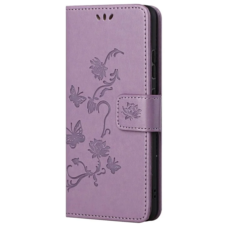 Für Motorola Moto G62 5G Butterfly Flower Imprinted Folio Flip Case PU Leder Ständer Geldbörse Handyhülle mit Handschlaufe - Lila