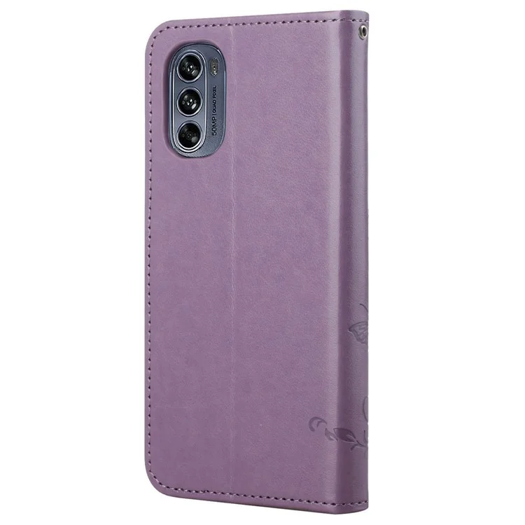 Für Motorola Moto G62 5G Butterfly Flower Imprinted Folio Flip Case PU Leder Ständer Geldbörse Handyhülle mit Handschlaufe - Lila