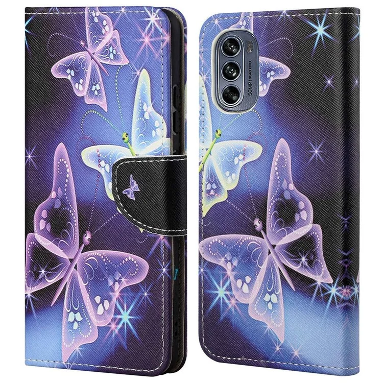 Para Motorola Moto G62 5G Patrón de Impresión Funda de Cuero PU Antiarañazos Antigolpes Textura Cruzada Soporte Cartera Características Forro Interior Suave TPU Funda Tipo Libro - Mariposas Brillantes