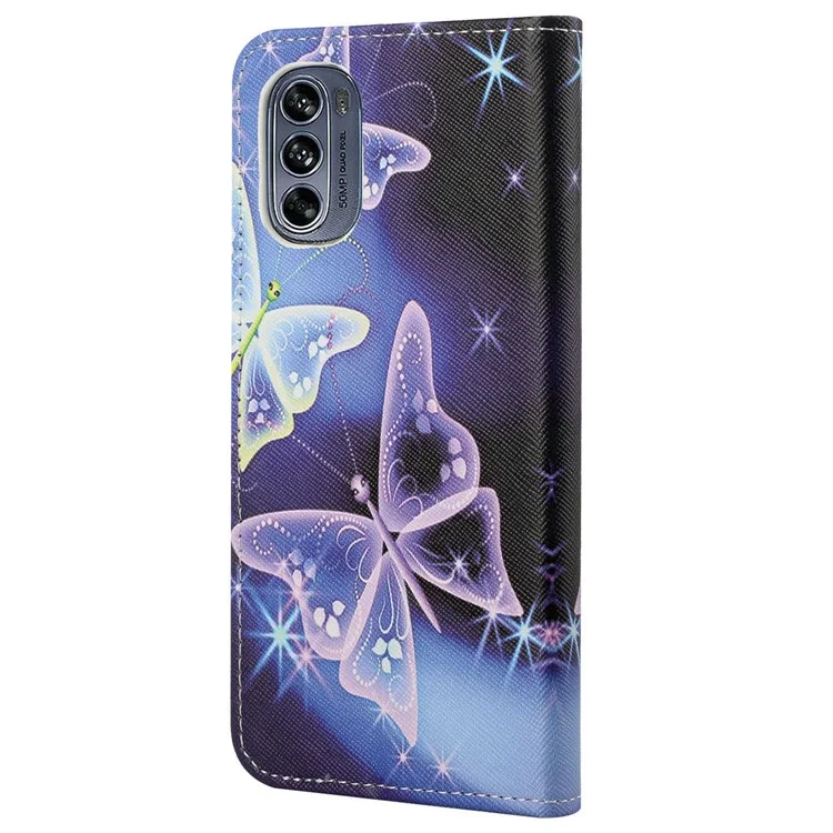 Para Motorola Moto G62 5G Patrón de Impresión Funda de Cuero PU Antiarañazos Antigolpes Textura Cruzada Soporte Cartera Características Forro Interior Suave TPU Funda Tipo Libro - Mariposas Brillantes