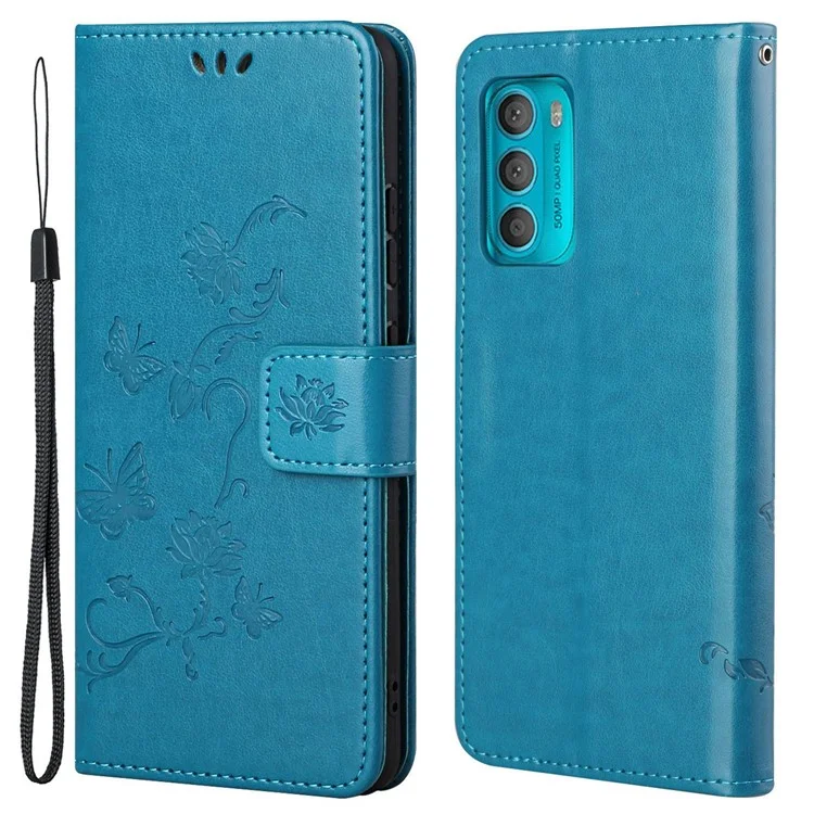 Para Motorola Moto G42 4G Butterfly Flor Design Impressão PU Catura de Catura de Catura Magnética Tampa da Carteira Dobrável Com Alça de Mão - Azul