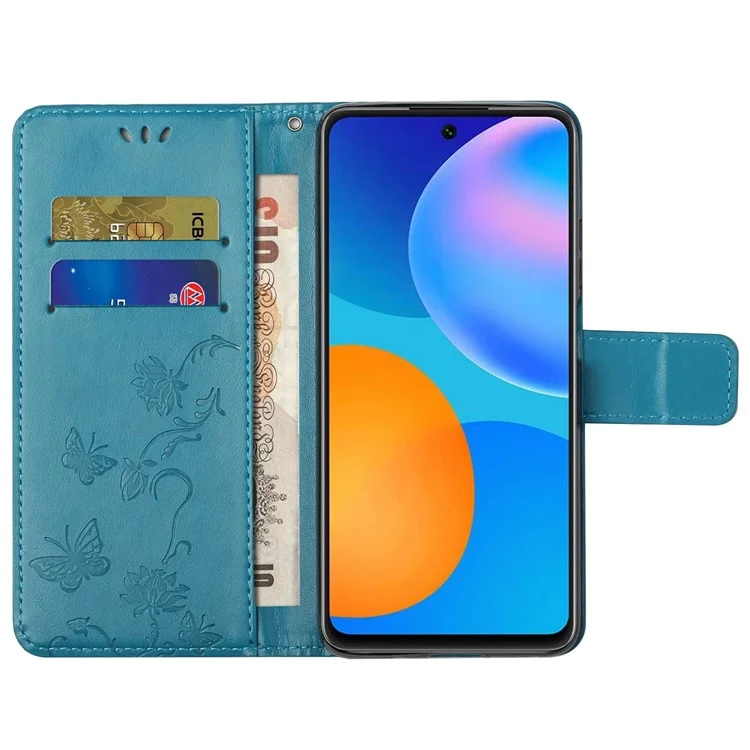 Para Motorola Moto G42 4G Butterfly Flor Design Impressão PU Catura de Catura de Catura Magnética Tampa da Carteira Dobrável Com Alça de Mão - Azul