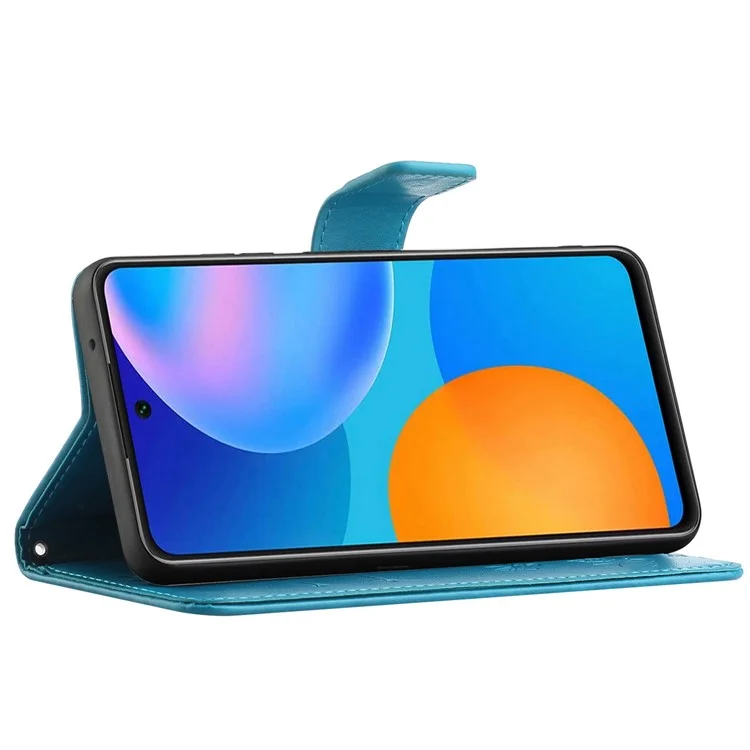 Para Motorola Moto G42 4G Butterfly Flor Design Impressão PU Catura de Catura de Catura Magnética Tampa da Carteira Dobrável Com Alça de Mão - Azul