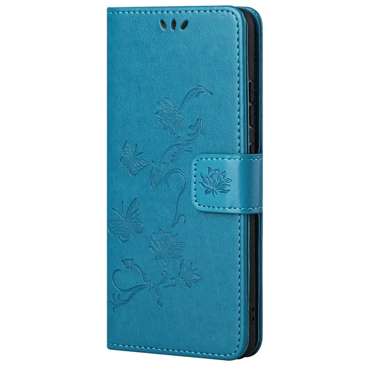 Para Motorola Moto G42 4G Butterfly Flor Design Impressão PU Catura de Catura de Catura Magnética Tampa da Carteira Dobrável Com Alça de Mão - Azul