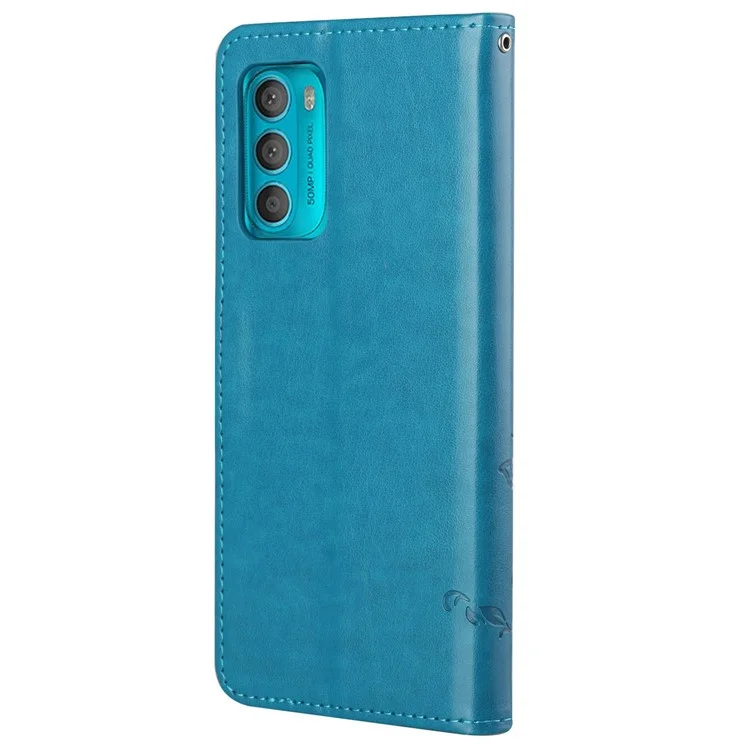 Para Motorola Moto G42 4G Butterfly Flor Design Impressão PU Catura de Catura de Catura Magnética Tampa da Carteira Dobrável Com Alça de Mão - Azul