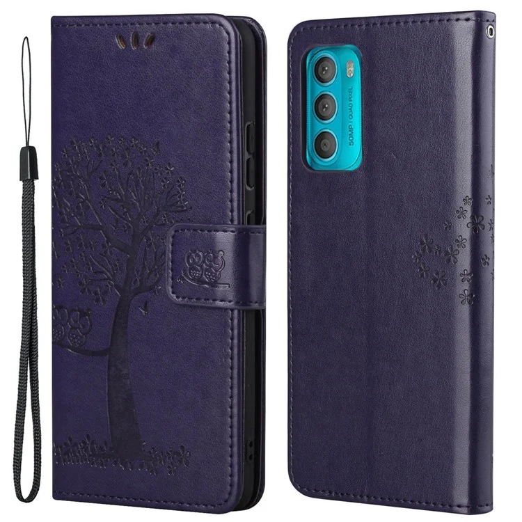 Für Motorola Moto G42 4G PU Leder Handgelenk Flip Cover Owl Tree Muster Eingeprägter Brieftaschenständer Verfügt Über Ganzkörperschutzabdeckung - Dunkelviolett