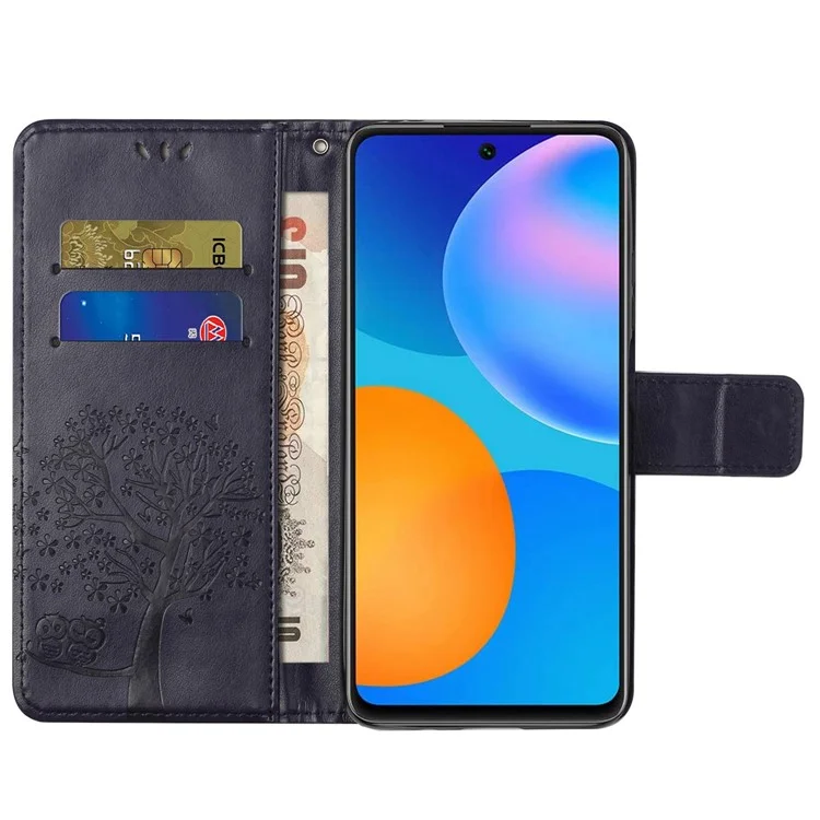 Für Motorola Moto G42 4G PU Leder Handgelenk Flip Cover Owl Tree Muster Eingeprägter Brieftaschenständer Verfügt Über Ganzkörperschutzabdeckung - Dunkelviolett
