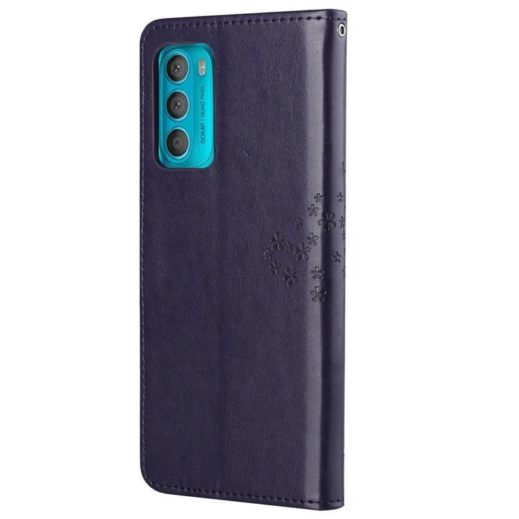 Für Motorola Moto G42 4G PU Leder Handgelenk Flip Cover Owl Tree Muster Eingeprägter Brieftaschenständer Verfügt Über Ganzkörperschutzabdeckung - Dunkelviolett