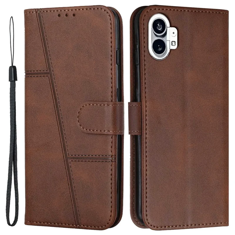 For Nothing phone (1) 5G PU Leather Stitching Cover Magnetic Closure Stand Feature Flip Wallet Case with Wrist Strap - Brown