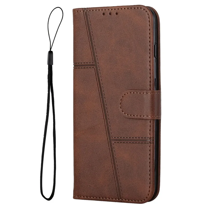 For Nothing phone (1) 5G PU Leather Stitching Cover Magnetic Closure Stand Feature Flip Wallet Case with Wrist Strap - Brown