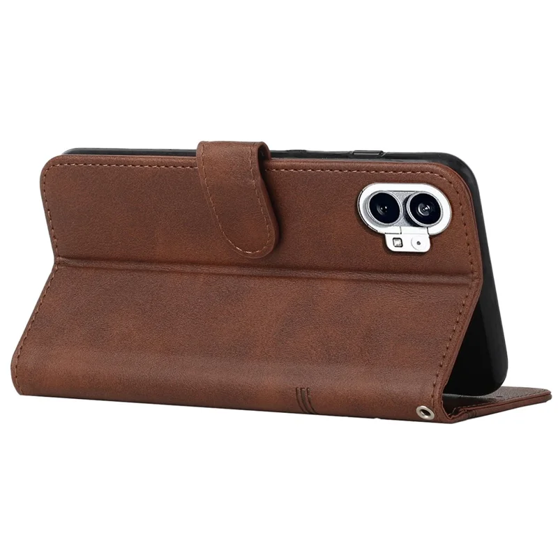 For Nothing phone (1) 5G PU Leather Stitching Cover Magnetic Closure Stand Feature Flip Wallet Case with Wrist Strap - Brown