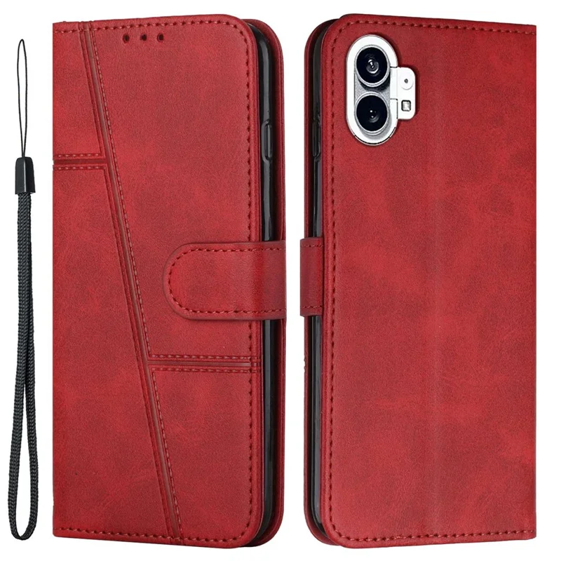 For Nothing phone (1) 5G PU Leather Stitching Cover Magnetic Closure Stand Feature Flip Wallet Case with Wrist Strap - Red