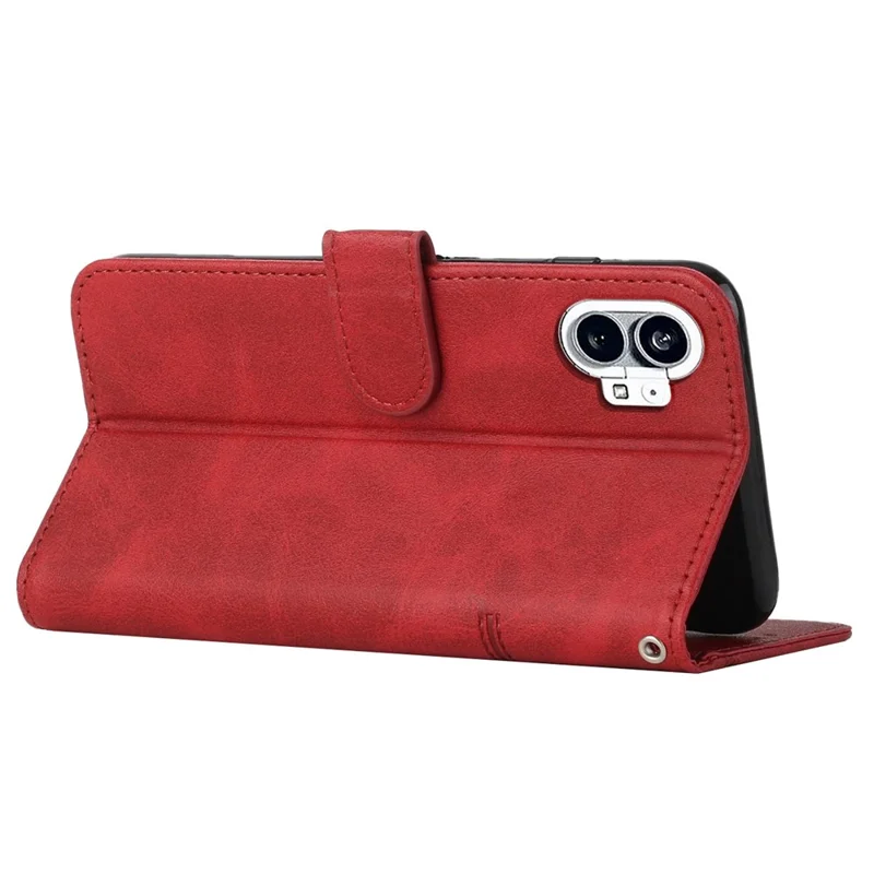 For Nothing phone (1) 5G PU Leather Stitching Cover Magnetic Closure Stand Feature Flip Wallet Case with Wrist Strap - Red