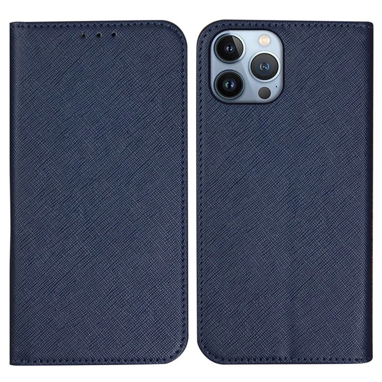 Para iPhone 13 Pro Max de 6,7 pulgadas Funda protectora de cartera magnética de piel de PU con textura cruzada - Azul oscuro