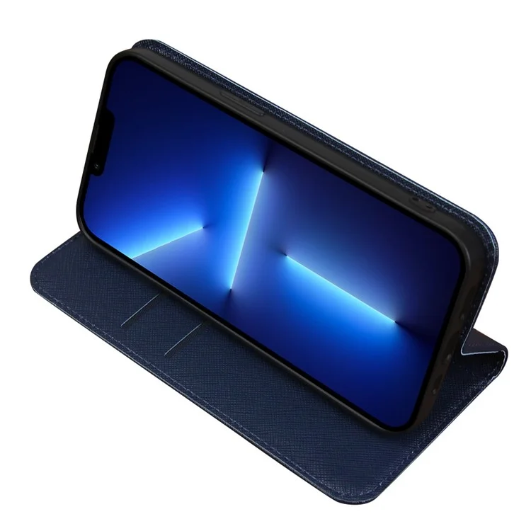 Para iPhone 13 Pro Max de 6,7 pulgadas Funda protectora de cartera magnética de piel de PU con textura cruzada - Azul oscuro