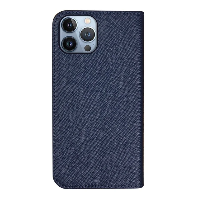 Para iPhone 13 Pro Max de 6,7 pulgadas Funda protectora de cartera magnética de piel de PU con textura cruzada - Azul oscuro
