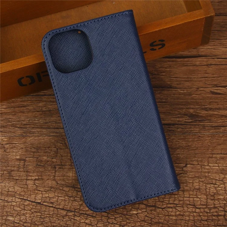 Para iPhone 13 Pro Max de 6,7 pulgadas Funda protectora de cartera magnética de piel de PU con textura cruzada - Azul oscuro