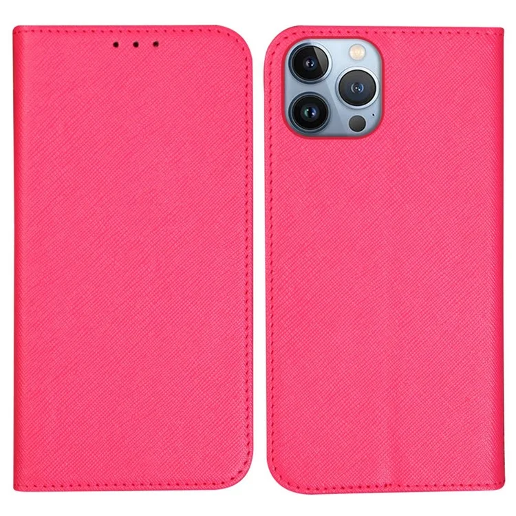 For iPhone 13 Pro Max 6.7 inch Anti-scratch PU Leather Magnetic Wallet Phone Case Cross Texture Stand Protective Cover - Pink