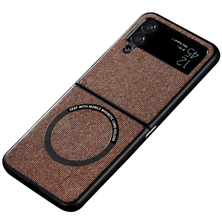 For Samsung Galaxy Z Flip4 5G Cloth Texture Leather Coated PC Phone Case Magnetic Wireless Charging Folding Cover - Brown