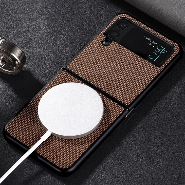 For Samsung Galaxy Z Flip4 5G Cloth Texture Leather Coated PC Phone Case Magnetic Wireless Charging Folding Cover - Brown